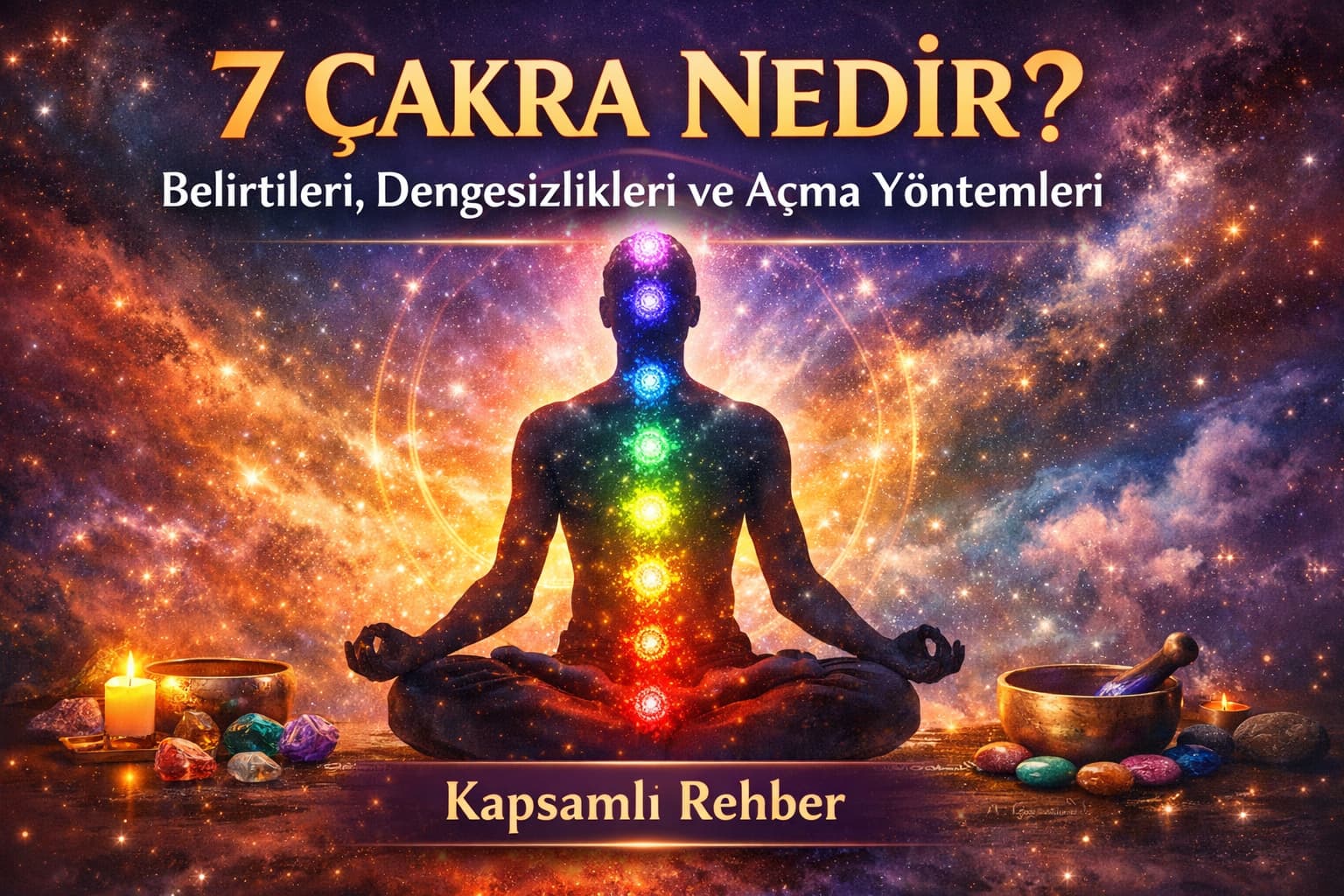 İnsan vücudundaki 7 çakranın renkleri ve enerji merkezlerini gösteren spiritüel illüstrasyon